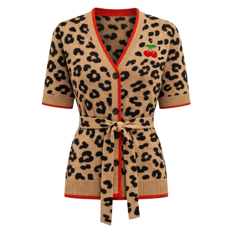 Women's Khaki Retro Leopard Cherry Embroidered Knit Cardigan T-Shirt 1