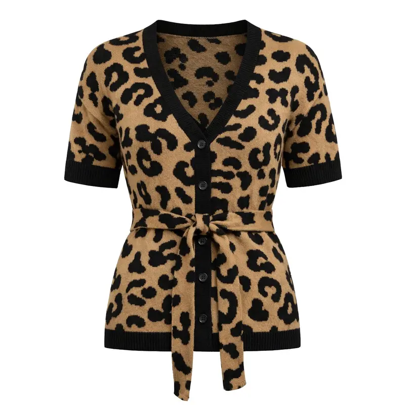 Women's Khaki Retro Leopard Tie-Front Cardigan Knit T-Shirt 1