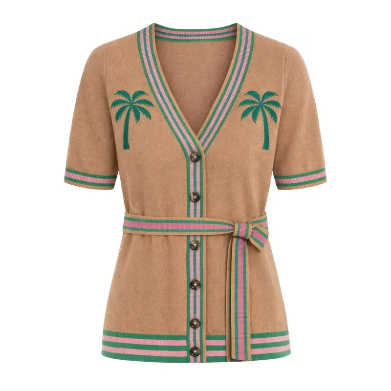 Women's Khaki Retro Summer Coconut Tree Embroidered Ribbon-Waist Cardigan 1