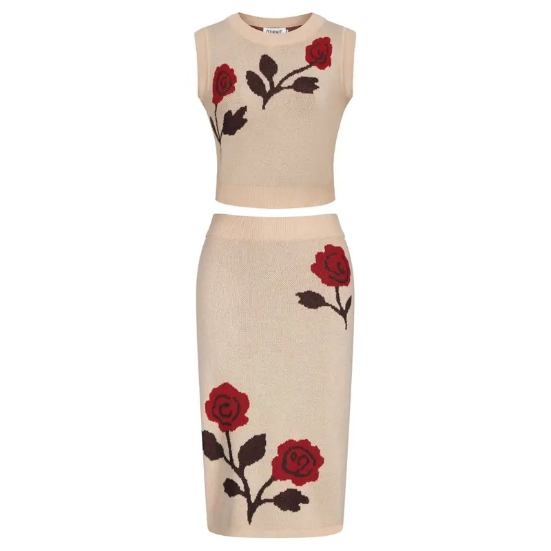 Women's Khaki Rose Jacquard Vintage Vest Skirt Suit 1