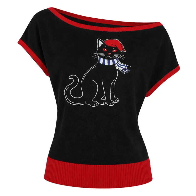 Women's Kitten Art Jacquard Knit Slant Shoulder T-Shirt - Cropped Length 1
