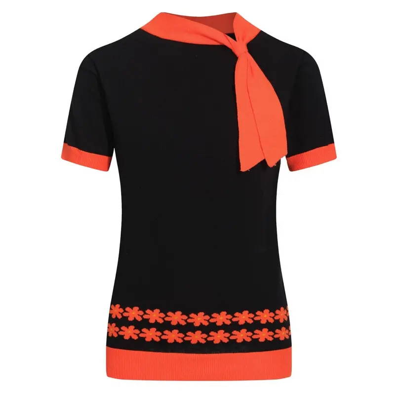 Women's Lace-Up Crewneck Knit T-Shirt With Flower 1