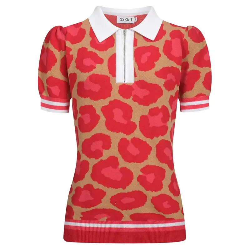 Women's Leopard Print Jacquard V-Neck Zipper Polo Shirt 1