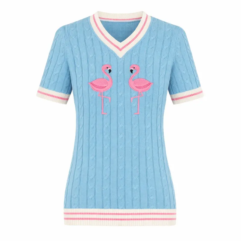 Women's Light Blue Retro Cable Knit Animal Embroidered V-Neck Knit T-Shirt 1