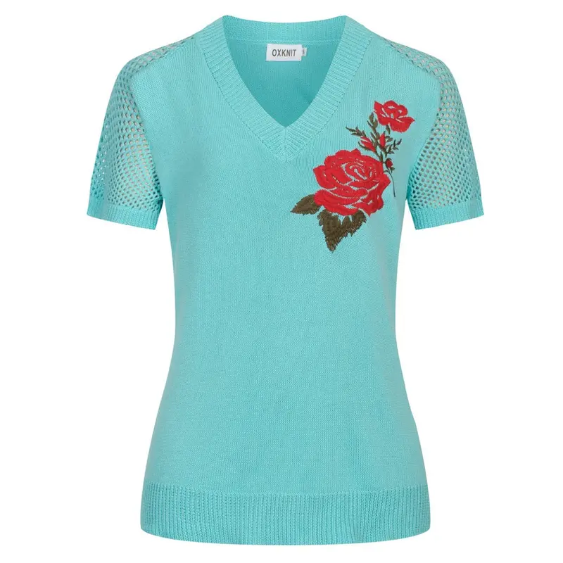 Women's Mint Green 1960S Rose Embroidered V-Neck Knit T-Shirt 1