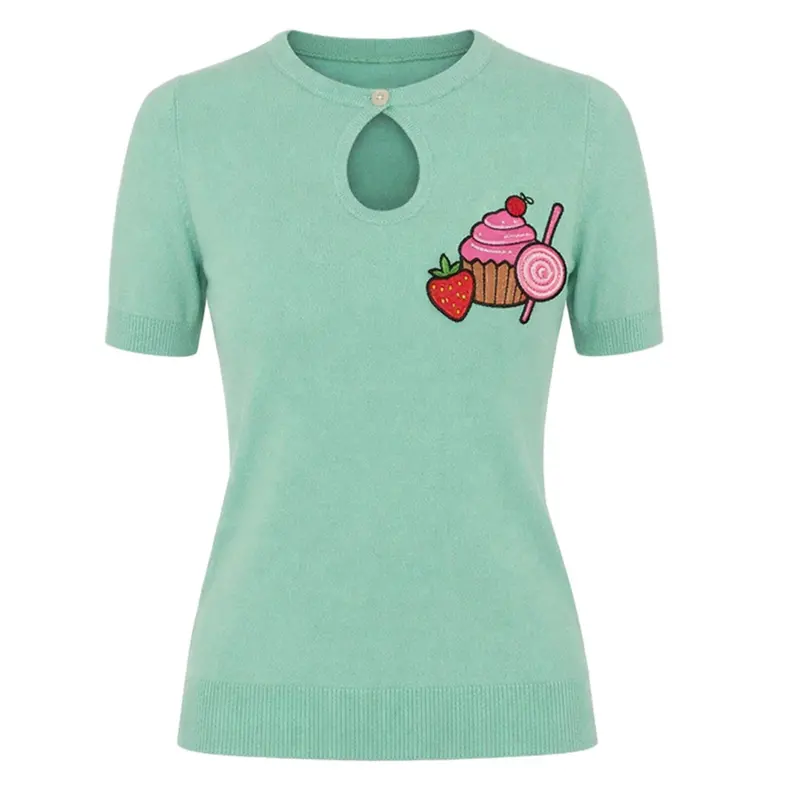 Women's Mint Green Vintage Dessert Embroidery Knit T-Shirt 1