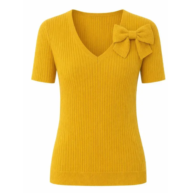 Women's Mustard Yellow Retro French Girly Bow V-Neck Knit T-Shirt 1