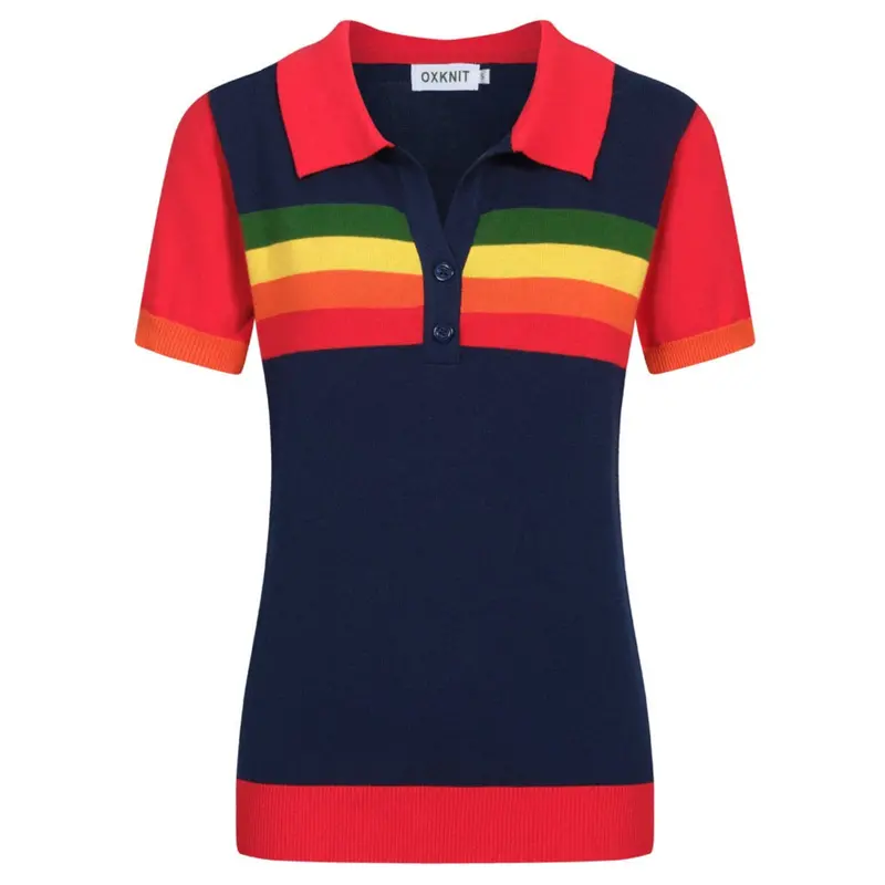 Women's Navy Blue Rainbow Striped V-Neck Knitted Polo Shirt 1