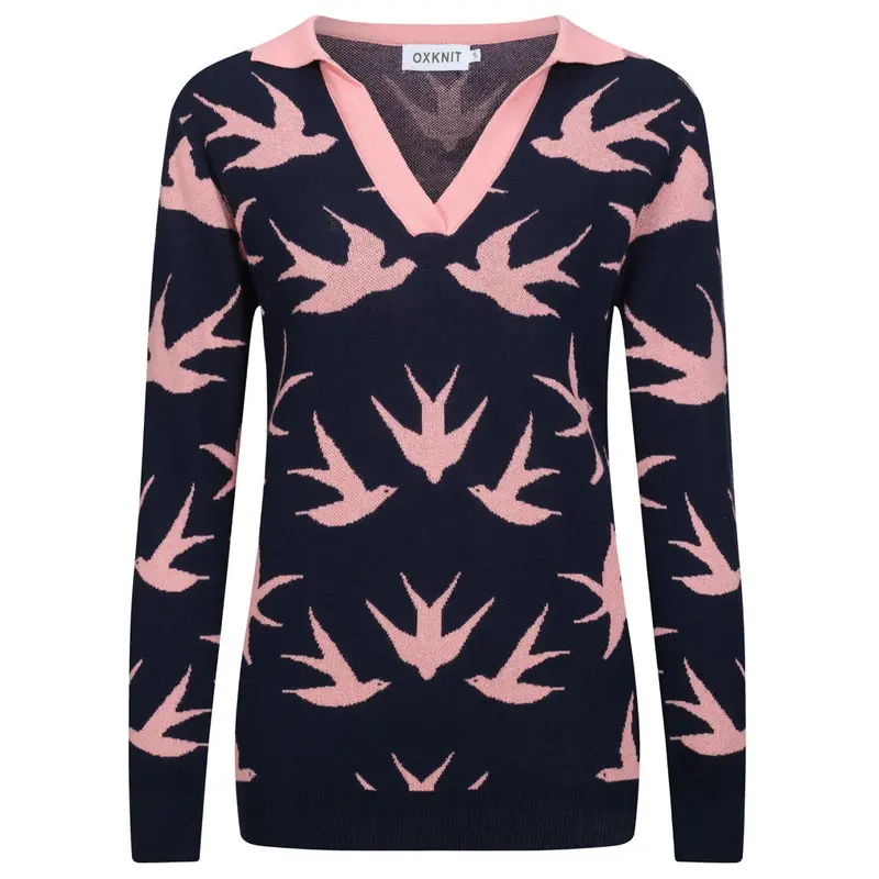 Women's Navy Blue Swallow Jacquard V-Neck Knitwear 1
