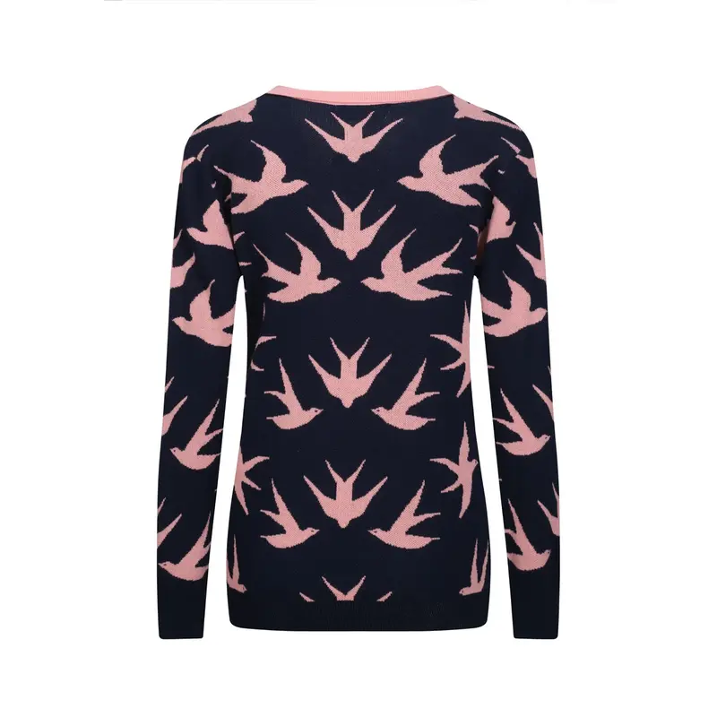 Women's Navy Blue Swallow Jacquard V-Neck Knitwear 3