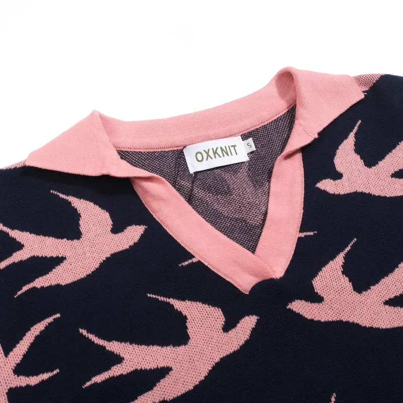 Women's Navy Blue Swallow Jacquard V-Neck Knitwear 4