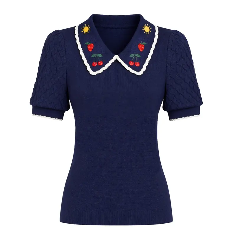 Women's Navy Blue Vintage Floral Embroidered Polo Knit T-Shirt 1