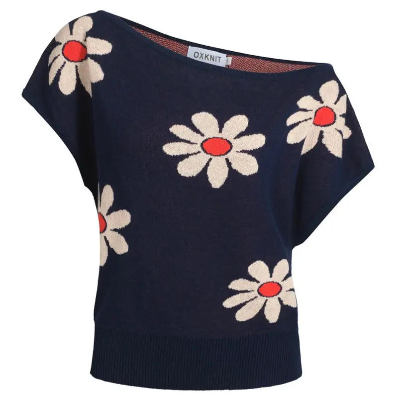 Women's Navy Knit T-Shirt With Diagonal Shoulder - Cropped Length 1