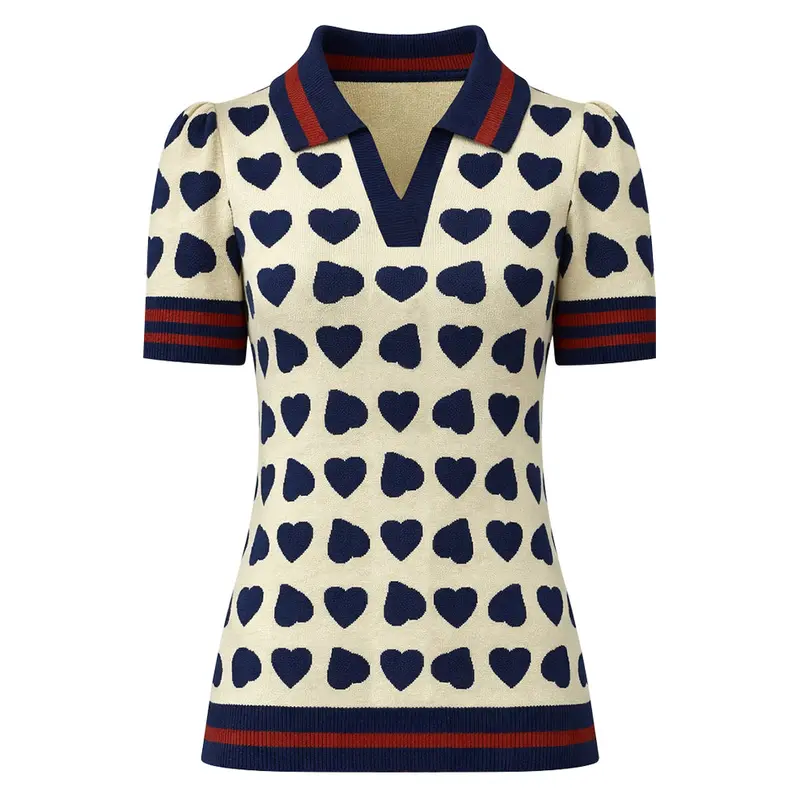 Women's Off-White Retro Playful Heart Jacquard Polo Collar Knit T-Shirt 1