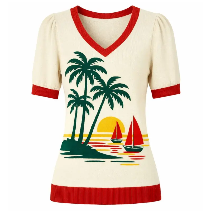 Women's Off-White Retro Tropical Resort Style Knitted T-Shirt 1