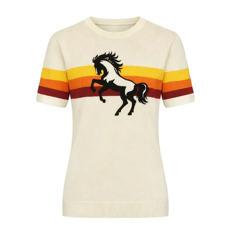 Women's Off-White Retro Western Style Crew Neck Knit T-Shirt 1