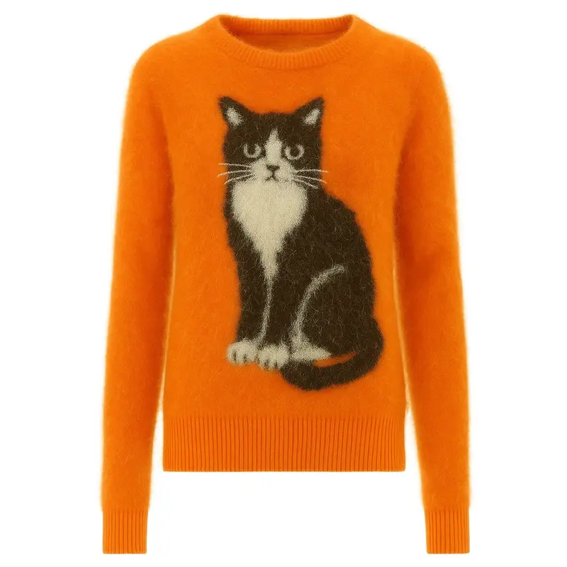 Women's Orange Cute Cat Jacquard Plush Knitwear 1
