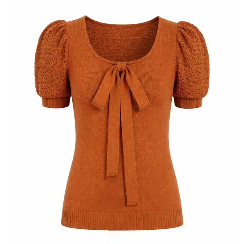 Women's Orange Simple Puff Sleeve Hollow Out Tie-Up Knit T-Shirt 1