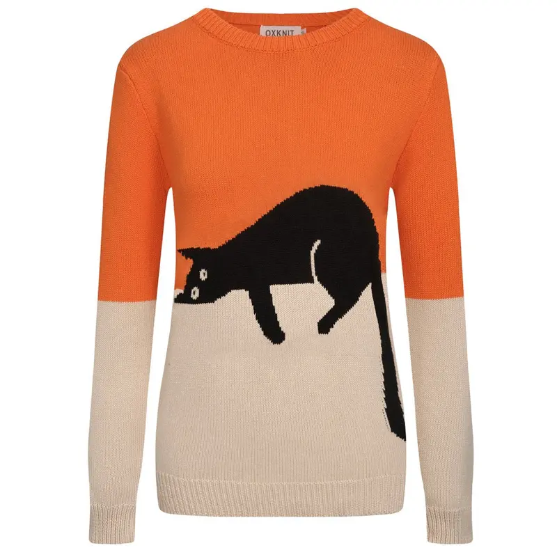 Women's Orange Vintage Cat Jacquard Knitwear 1