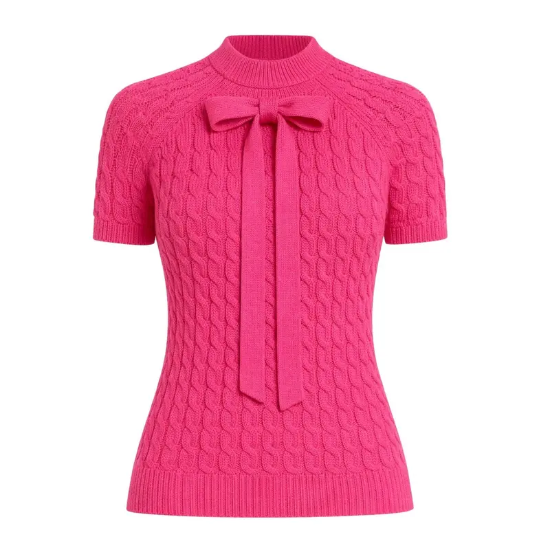 Women's Pink 70S High Neck Simple Knit T-Shirt 1