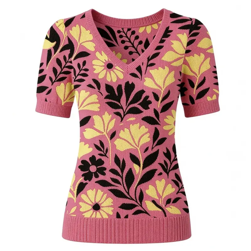 Women's Pink 70S Retro Floral Pop Art Style Knitted T-Shirt 1