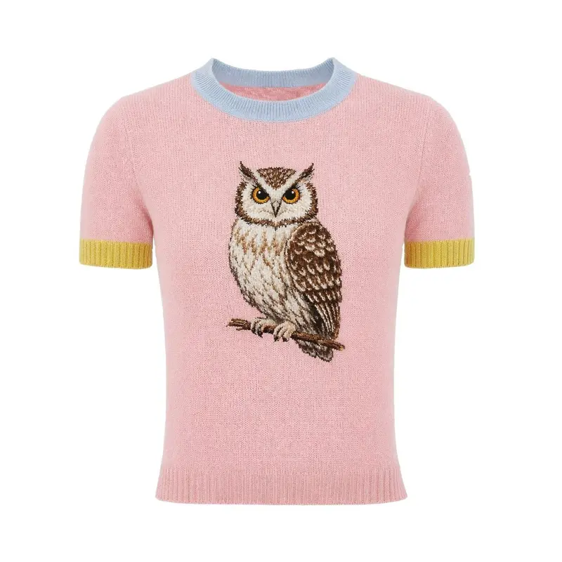 Women's Pink Animal Embroidered Knit T-Shirt - Cropped Length 1
