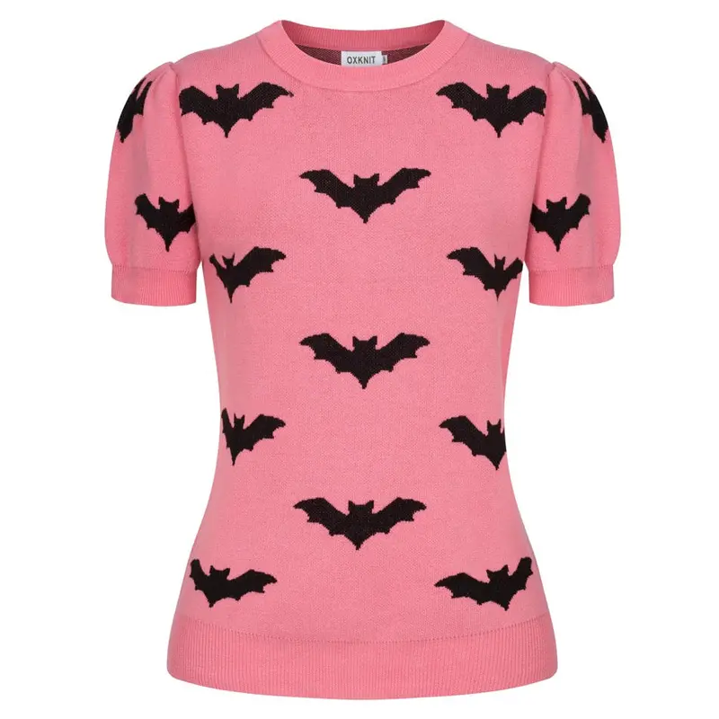 Women's Pink Bat Art Retro Classic Jacquard Knit T-Shirt 1