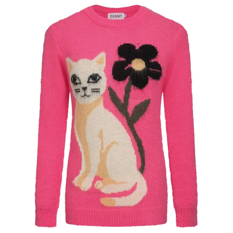 Women's Pink Cat Floral Jacquard Plush Knitwear 1