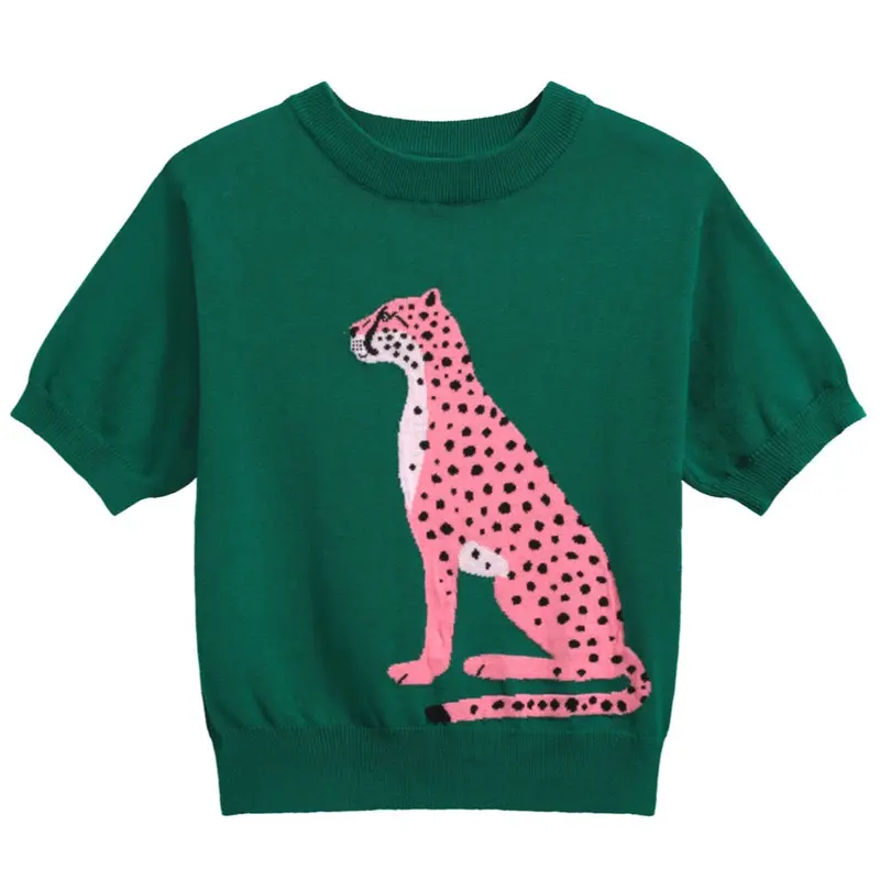 Women’S Pink Cheetah Knit Tee – Graphic Animal Print Sweater Top-Cropped Length 1
