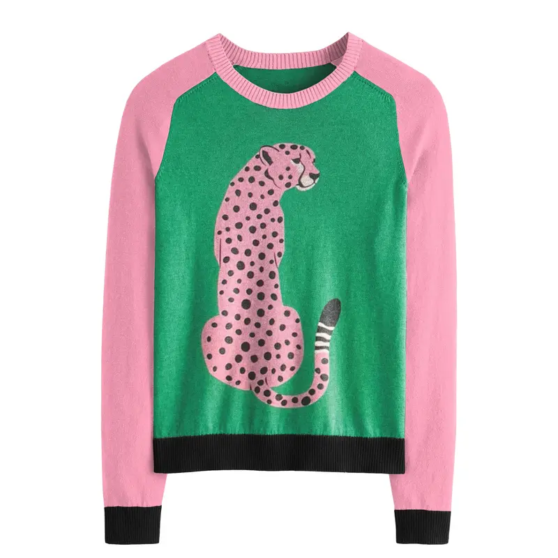 Women’S Pink Cheetah Sweater – Green Knit Pullover With Contrast Sleeves 1
