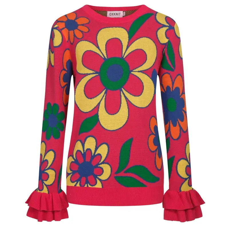 Women's Pink Floral Ruffled Design Knitwear-Longer Sleeves 1