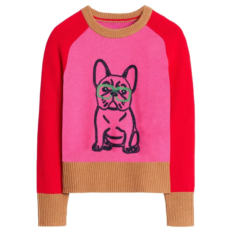 Women’S Pink French Bulldog Sweater – Red Sleeves & Retro Vibe 1