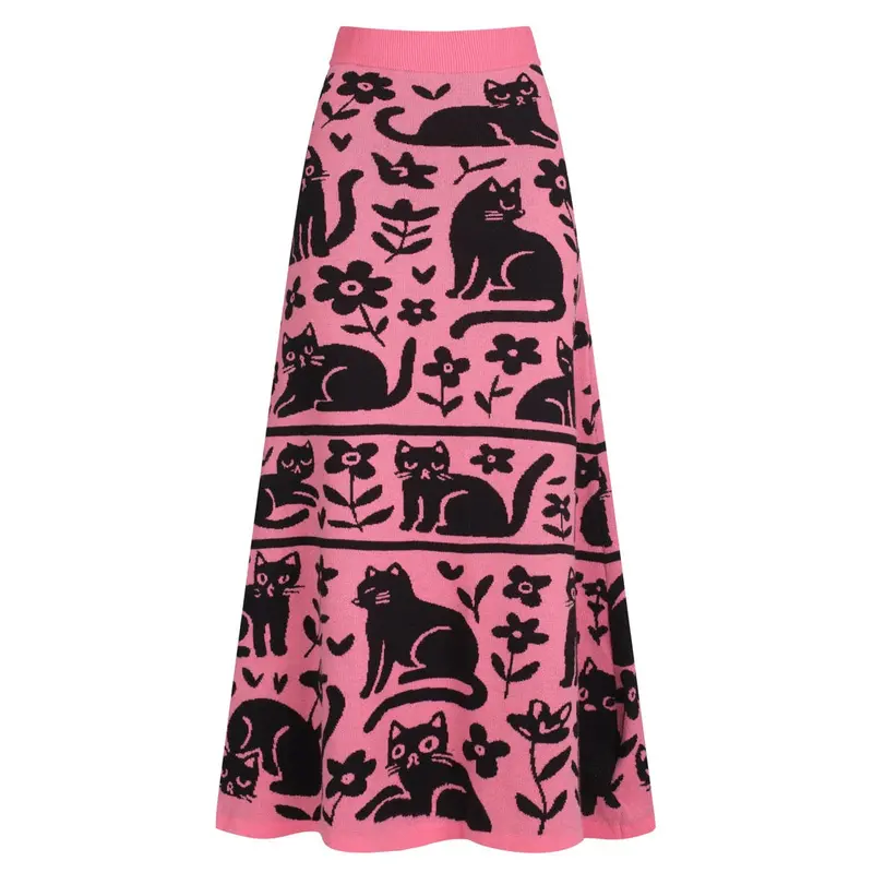 Women's Pink Retro Cat-Patterned Knitted Skirt 1