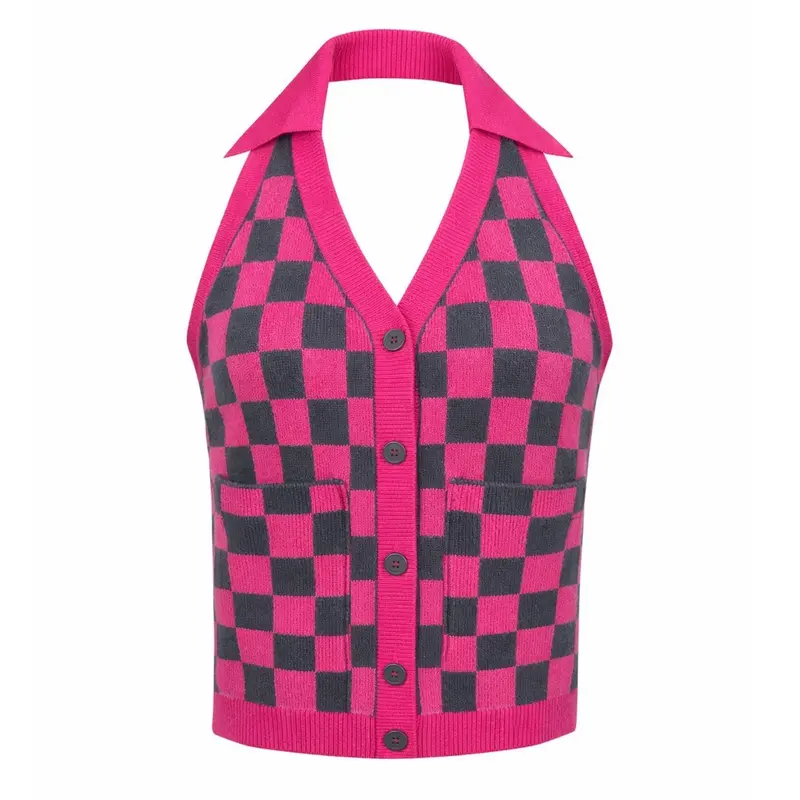 Women's Pink Retro Checkerboard Halter Knit Vest 1