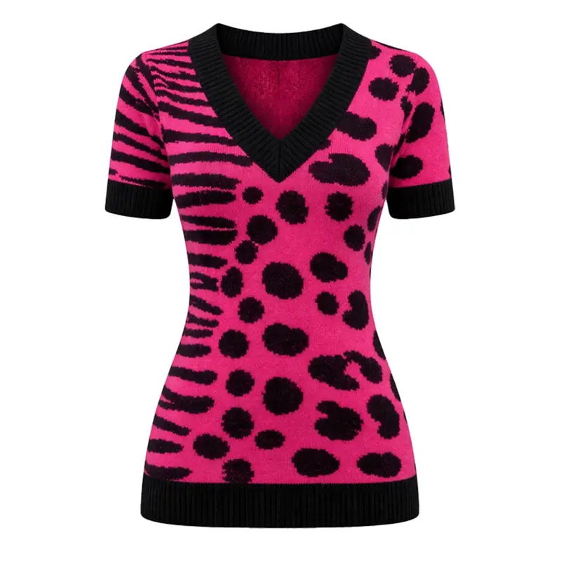 Women's Pink Retro Leopard Print Art Jacquard Knit T-Shirt 1