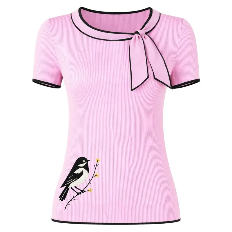 Women's Pink Retro Striped Bird Embroidered Knit T-Shirt 1