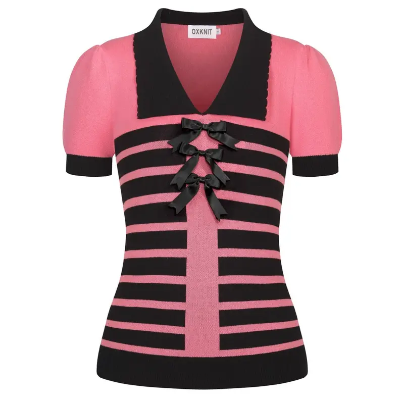 Women's Pink Striped Doll Collar Bow Knit T-Shirt 1