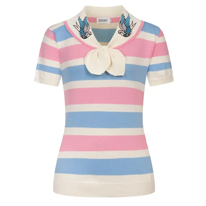 Women's Pink Striped Vintage Embroidery Lace-Up Knit T-Shirt 1