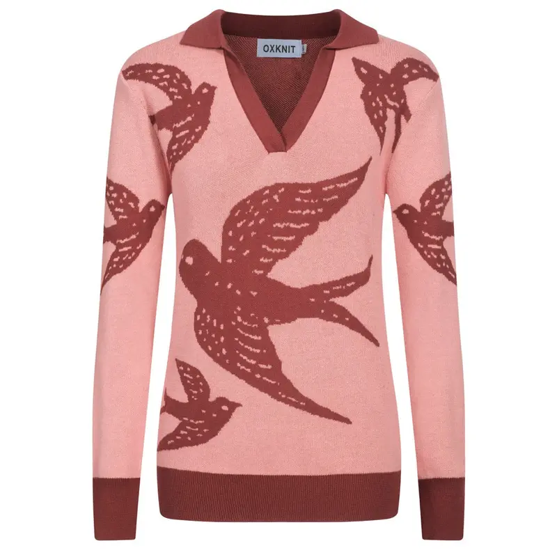 Women's Pink Swallow Jacquard V-Neck Knitwear 1