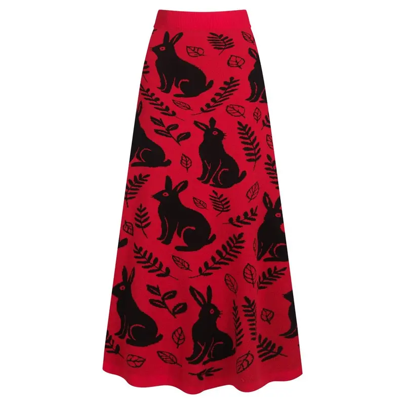 Women's Red Animal Jacquard Knit Skirt 1