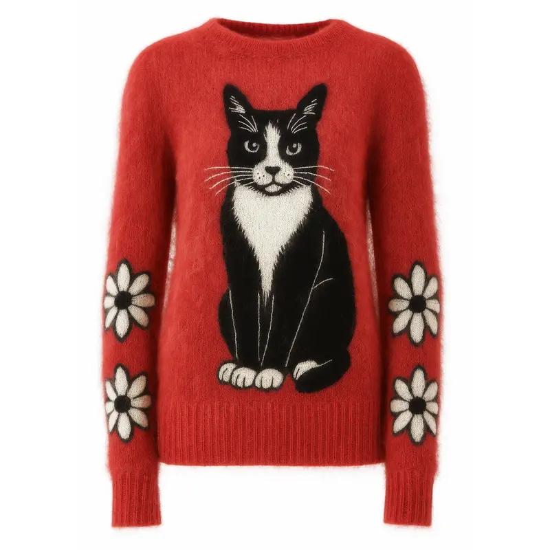 Women's Red Cat Flower Jacquard Knitwear 1