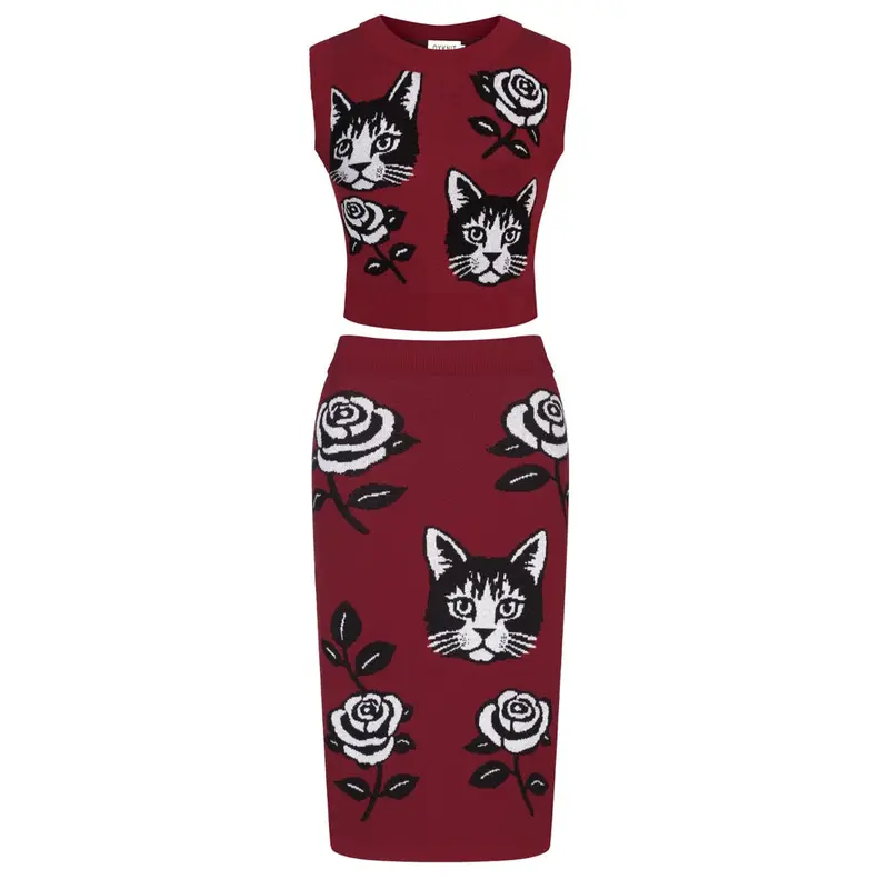 Women's Red Cat Flower Jacquard Vintage Vest Skirt Suit 1