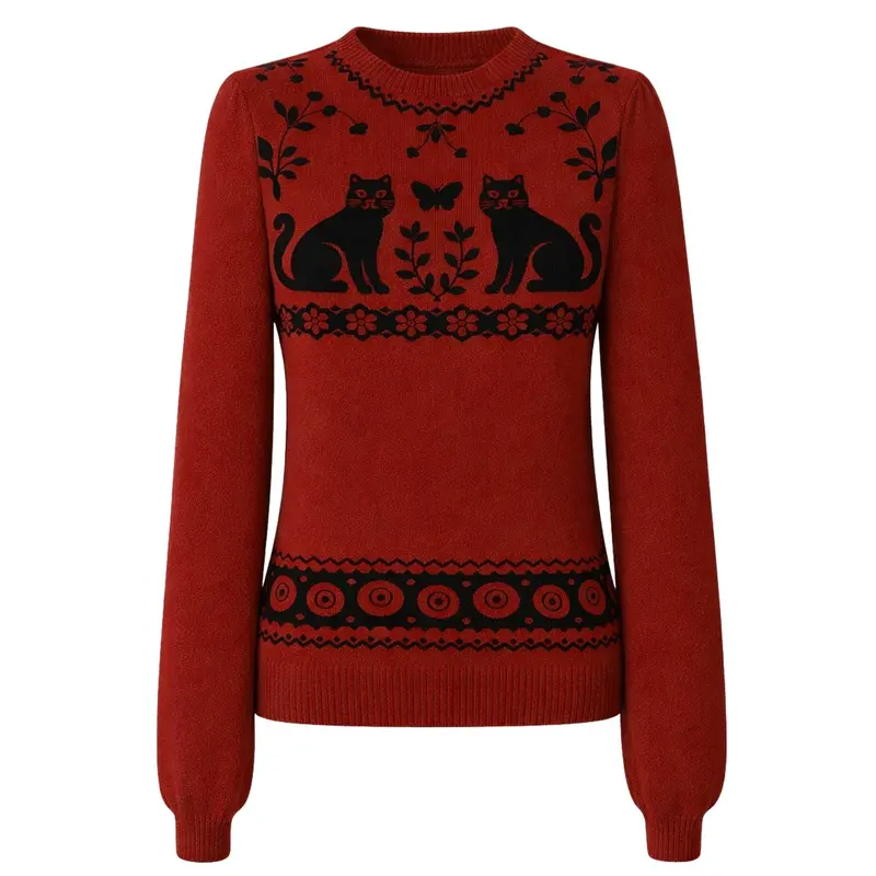 Women's Red Cat Plant Jacquard Puff Sleeve Knitwear 1