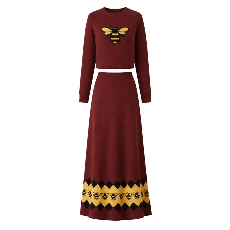 Women's Red Retro Bee Jacquard Knit Suit Dress 1