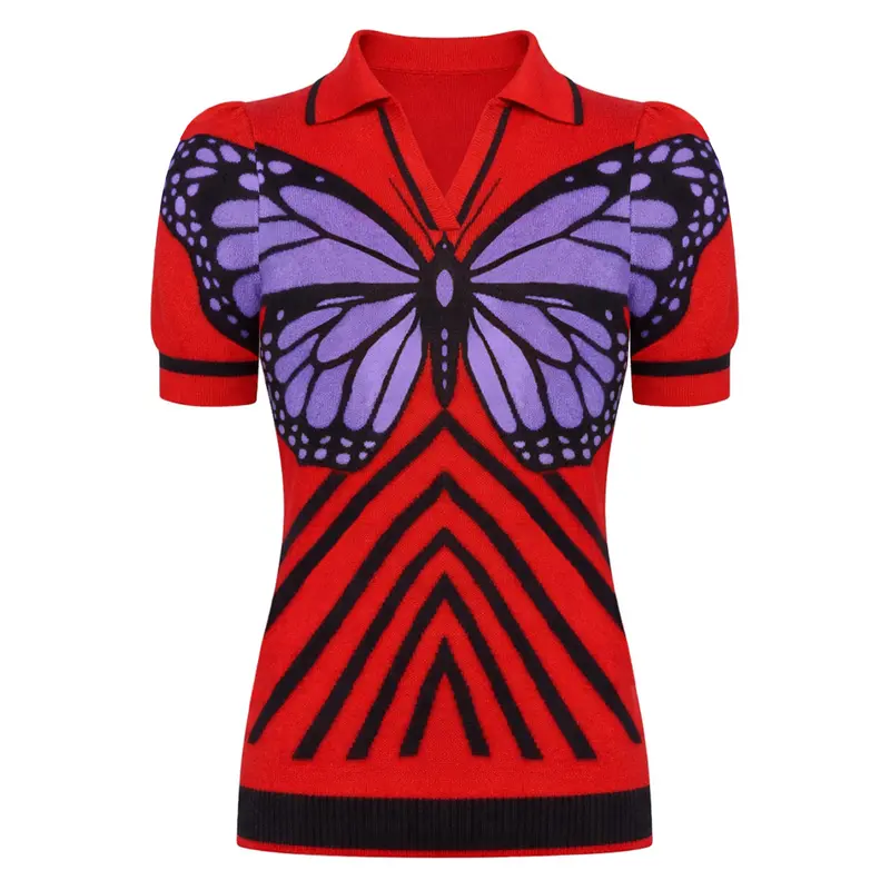Women's Red Retro Butterfly Pop Art Polo Collar Jacquard Knit T-Shirt 1