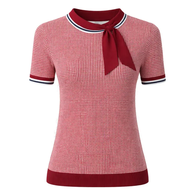 Women's Red Retro Plaid Art Jacquard Knit T-Shirt 1