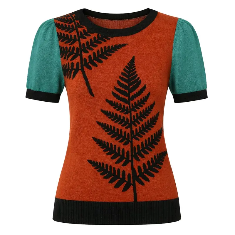 Women's Red Vintage Botanical Art Jacquard Knit T-Shirt 1