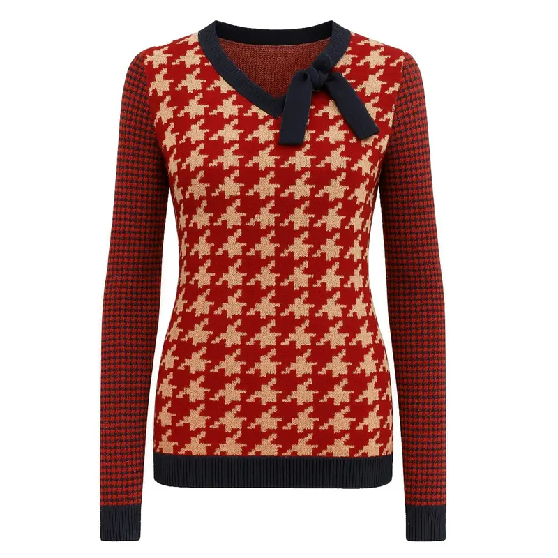 Women's Red Vintage Striped Fashionable Street Knit Polo Shirt 1