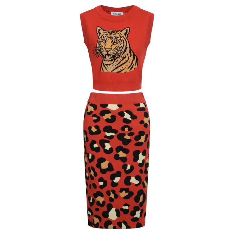 Women's Red Vintage Tiger Knit Top And Skirt Set 1