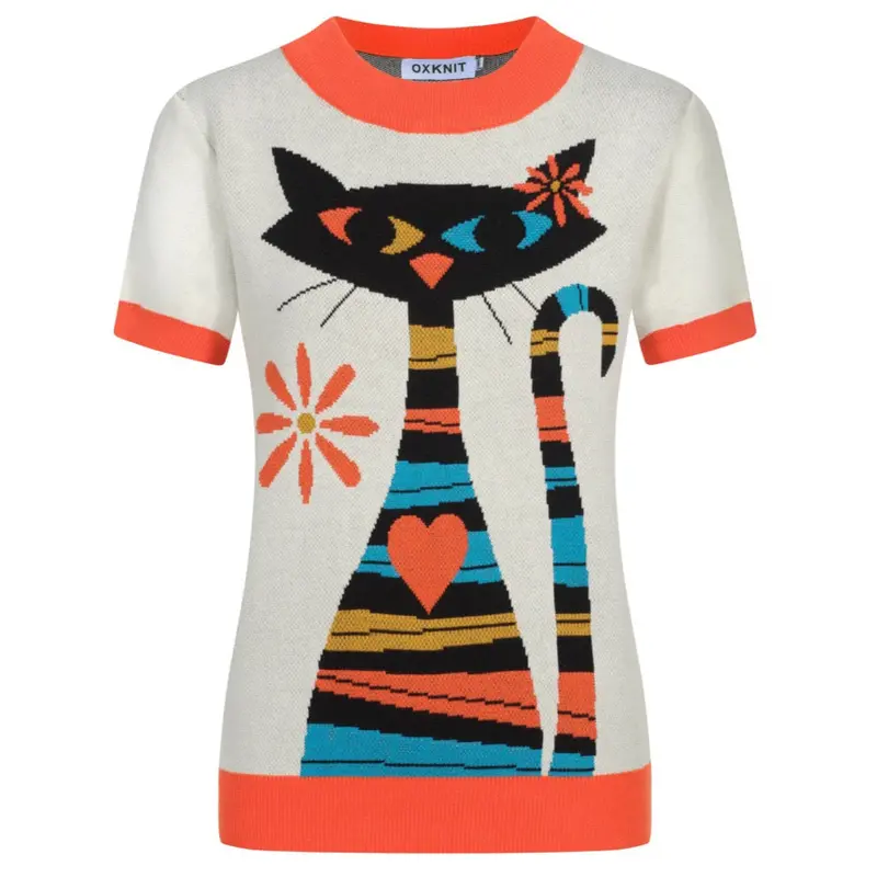 Women's Retro Cat Graphic Knit Top – Vintage Vibes 1